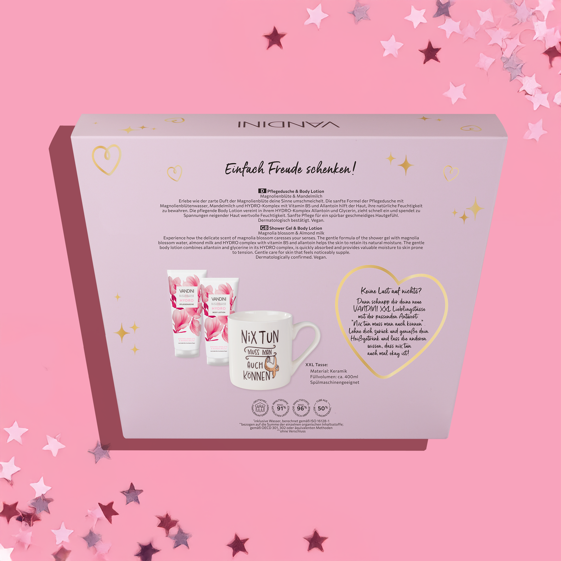 Rückseite der Verpackung des VANDINI Geschenkset für Frauen mit Duschgel, Body Lotion und einer XXL-Tasse für normale bis trockene Haut, vegan, mikroplastikfrei 