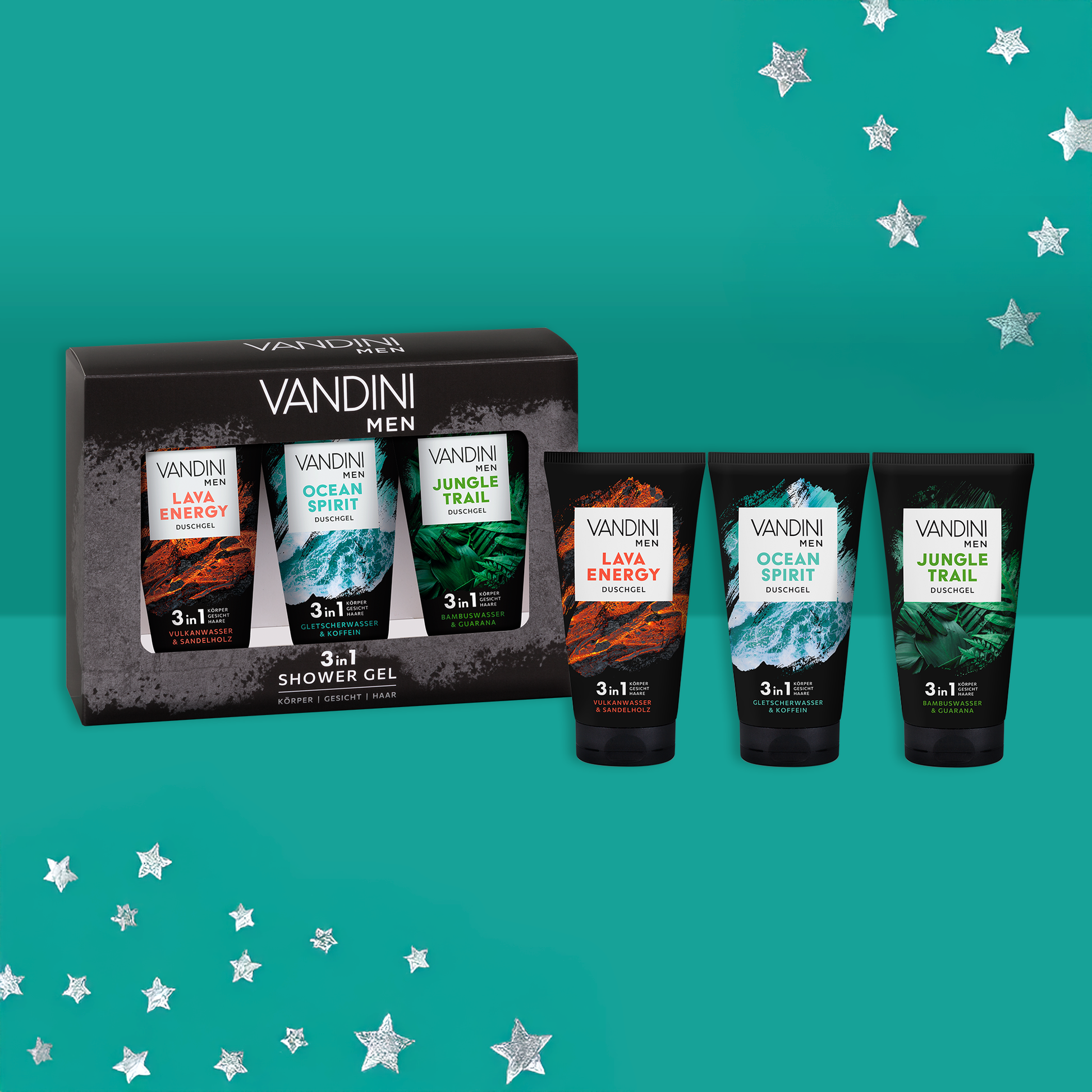 Geschenkset VANDINI MEN Trio mit 3 Duschgelen 3in1 für Körper, Haut und Haare