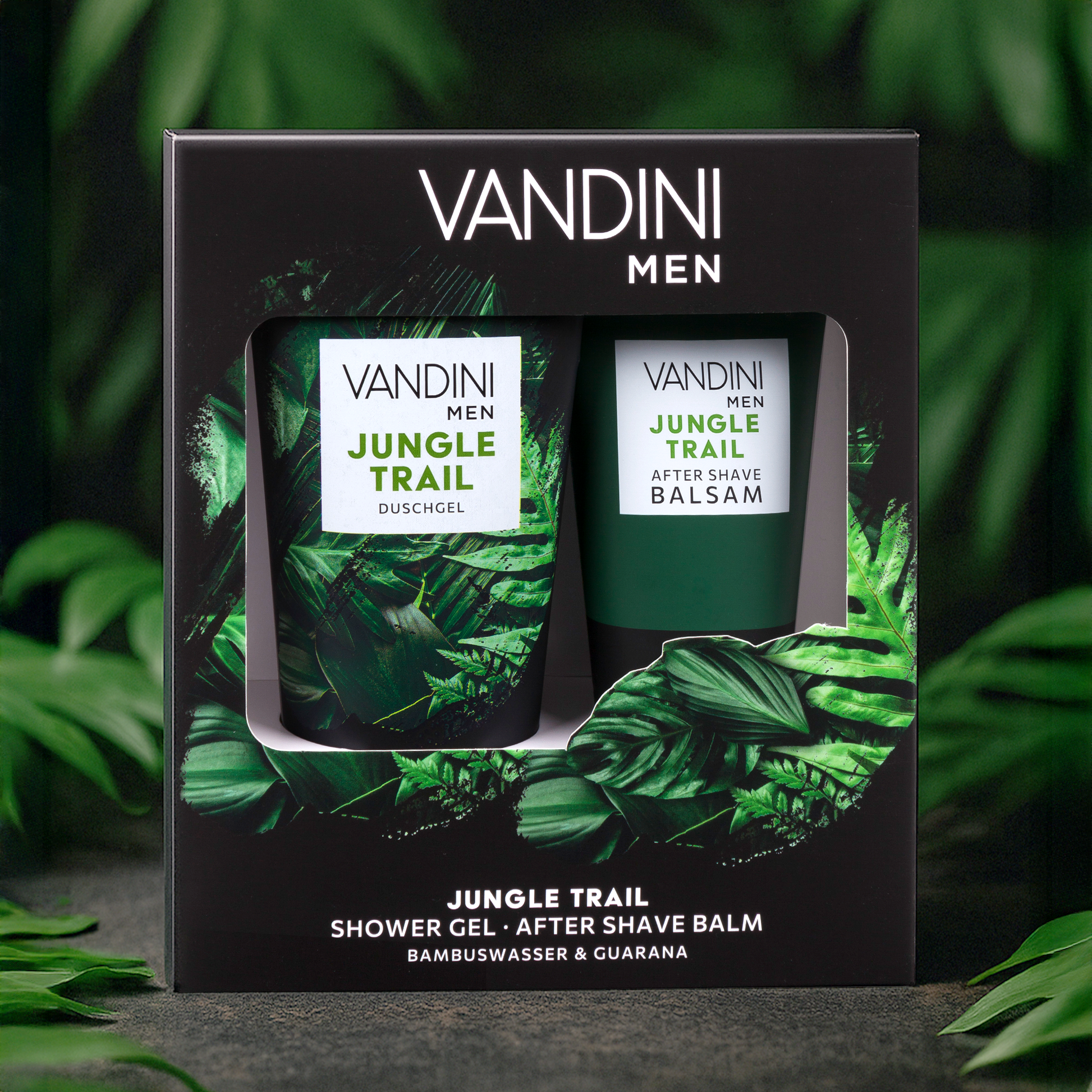 VANDINI Geschenkset für Männer auf Podest, bestehend aus 3in1 Duschgel  und Aftershave JUNGLE TRIAL 
