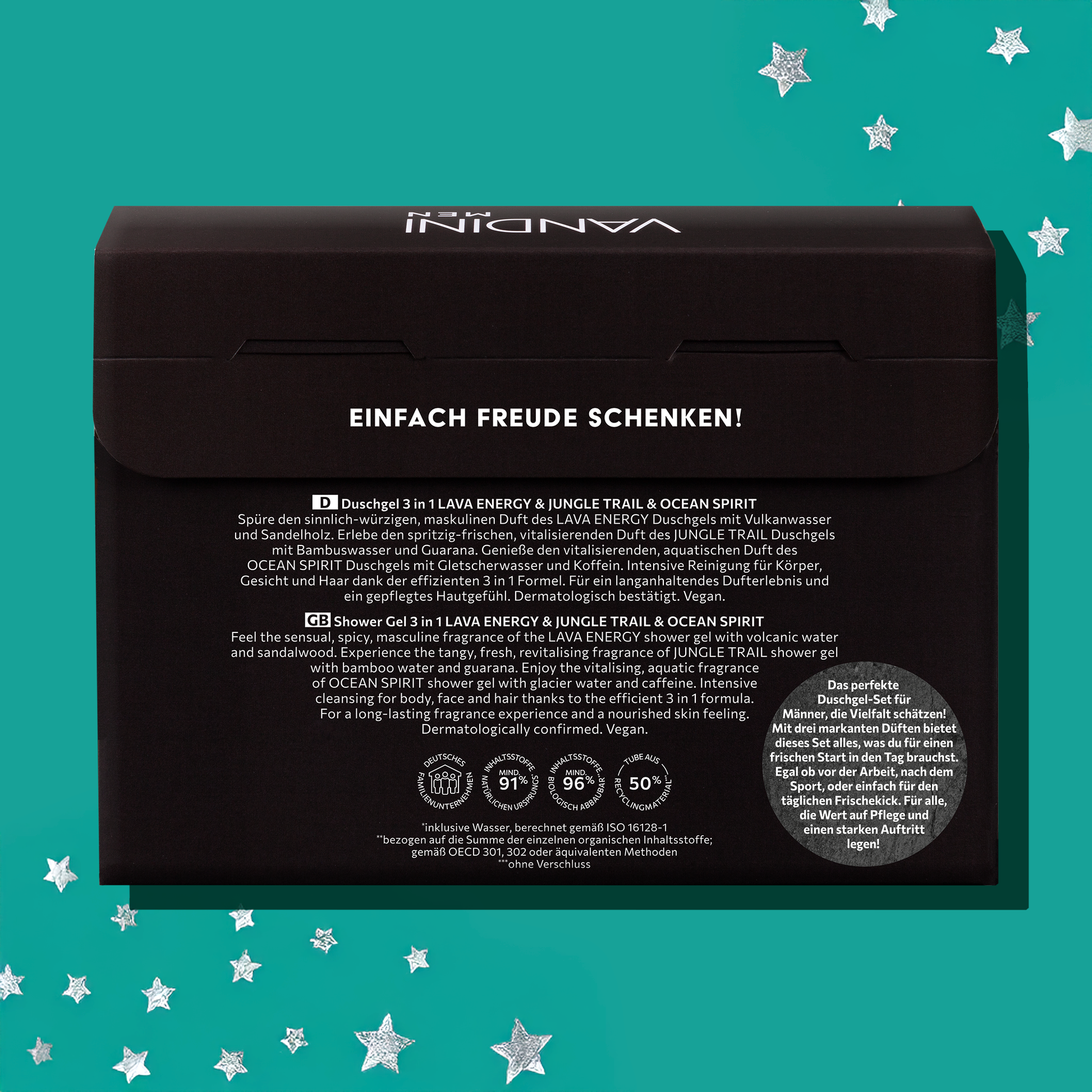 Rückseite der Verpackung des VANDINI Geschenkset für Männer mit 3in1 Duschgel Ocean Spiritm, Lava Energy und Jungle Trail, vegan, mikroplastikfrei