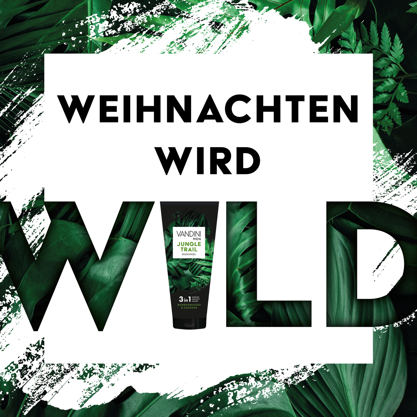 Text "Weihnachten wird wild" vor Dschungel-Hintergrund. Das i in wild zeigt die Tube Duschgel JUNGLE TRAIL.